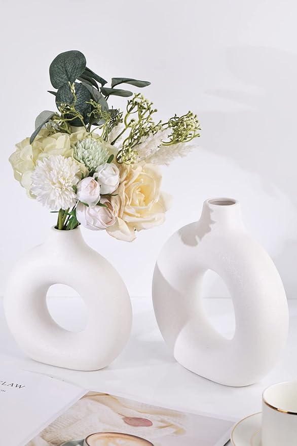 White Ceramics Vase for Home Decor,Minimalist Nordic Hollow Donut Vase Set of 2,Modern Boho Decor for Kitchen Table Centerpiece,Living Room,Fire Place,Bookshelf,Office,Entryway,Console