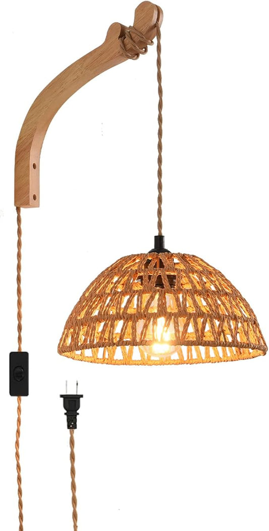 Plug in Wall Sconce,Farmhouse Wicker Wall Lamp Plug in,Hand Woven Rattan Wall Light Farmhouse Rustic Boho Sconces Wall Lighting for Living Room Bedroom