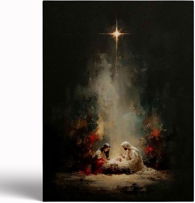 Holy Family Portrait Nativity Print Painting,Bethlehem Night Scene,Christmas Starry Night Nativity Scene Wall Art,Religious Canvas Print,Christian Home Decor