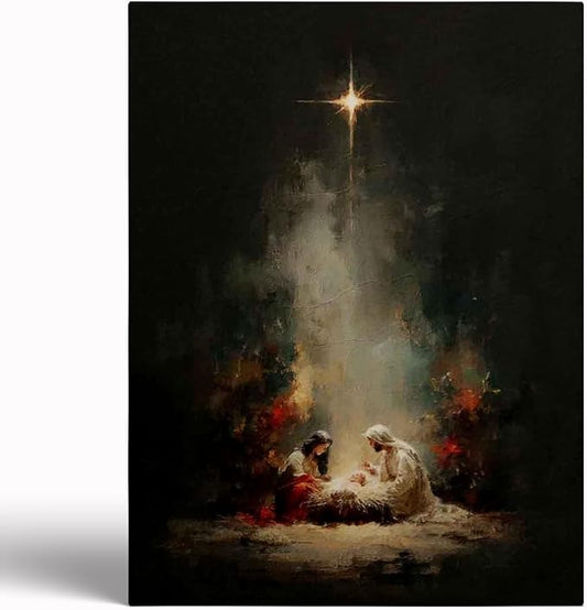 Holy Family Portrait Nativity Print Painting,Bethlehem Night Scene,Christmas Starry Night Nativity Scene Wall Art,Religious Canvas Print,Christian Home Decor
