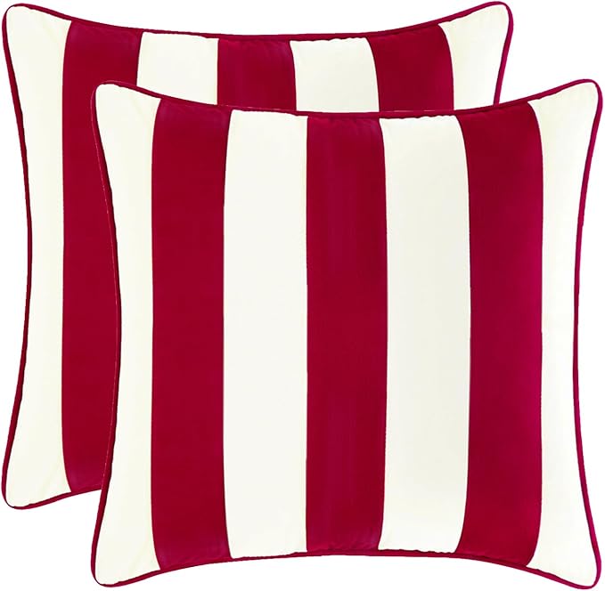 MONDAY MOOSE Christmas Decorative Throw Pillow Covers Cushion Cases, Set of 2 Soft Velvet Striped Piping Edge Designs, Pillow Inserts Not Included (Red/White, 18x18 inch)