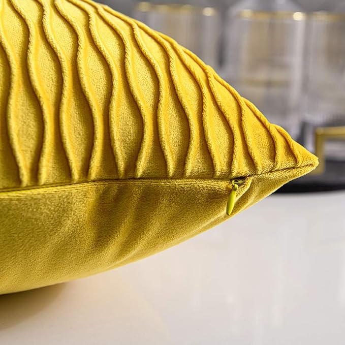 Mustard Yellow Couch Pillow Covers: 2 Pack 16x16 Inch Original Striped Velvet Square Throw Pillow Cases for Farmhouse Home Decor