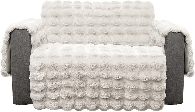 Plush and Fuzzy Shaggy Couch Cover, Dog Pad Faux Fur Sofa Cover, Water Resistant Slipcover, Non-Slip Furniture Protector for Kids,Dogs,Cats.(White-Bubble, Medium Loveseat)