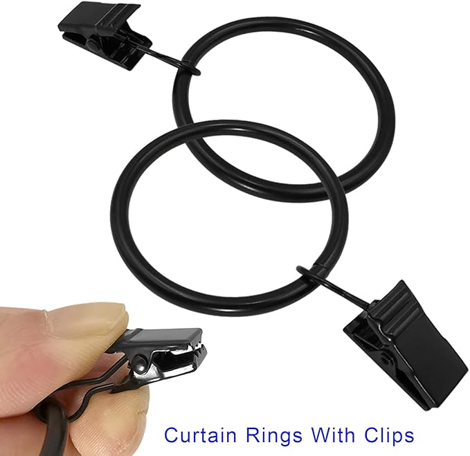 20 Pack Metal Curtain Rings with Clips, Curtain Clip Rings Hooks for Hanging Drapery Drapes Bows, Curtain Rod Rings 1.5 inch Interior Diameter, Black