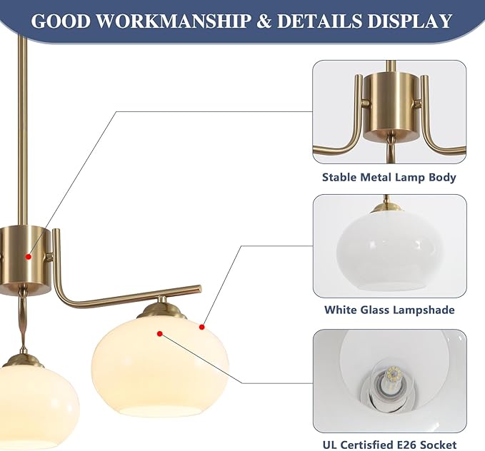 KCO Lighting Mid Century Modern Globe Pendant Light 3-Light Milk Glass Chandelier Gold Sputnik Chandelier Light Fixture Brushed Brass Pendant Lighting for Kitchen Island (3-Light)