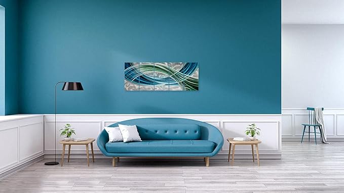 Yihui Arts Abstract Metal Wall Art - Hand Crafted 5 Pieces Panels Large Big Blue Teal Silver Unique 3D Aluminum Modern Contemporary Home Accent