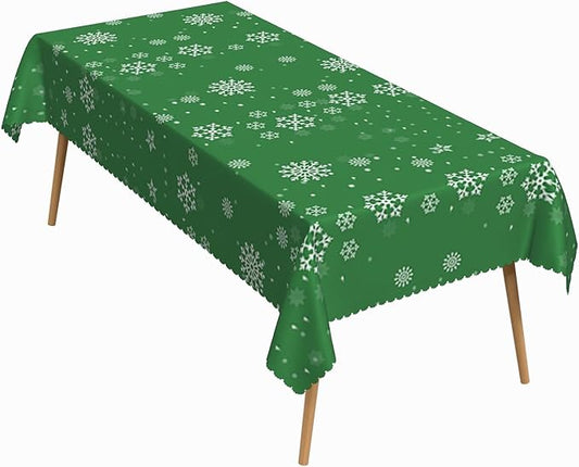70x140 Inch Christmas Theme Rectangle Tablecloth Winter Snow Snowflake Green Table Cloth Washable Durable Table Cover for Kitchen Dining Home Banquet Xmas Party Decor