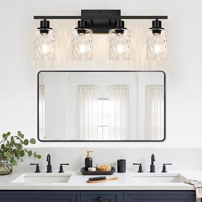 4-Light Bathroom Light Fixtures, Matte Black Vanity Light with Water Ripple Clear Glass Shades for Mirror, Living Room, Bedroom, or Porch