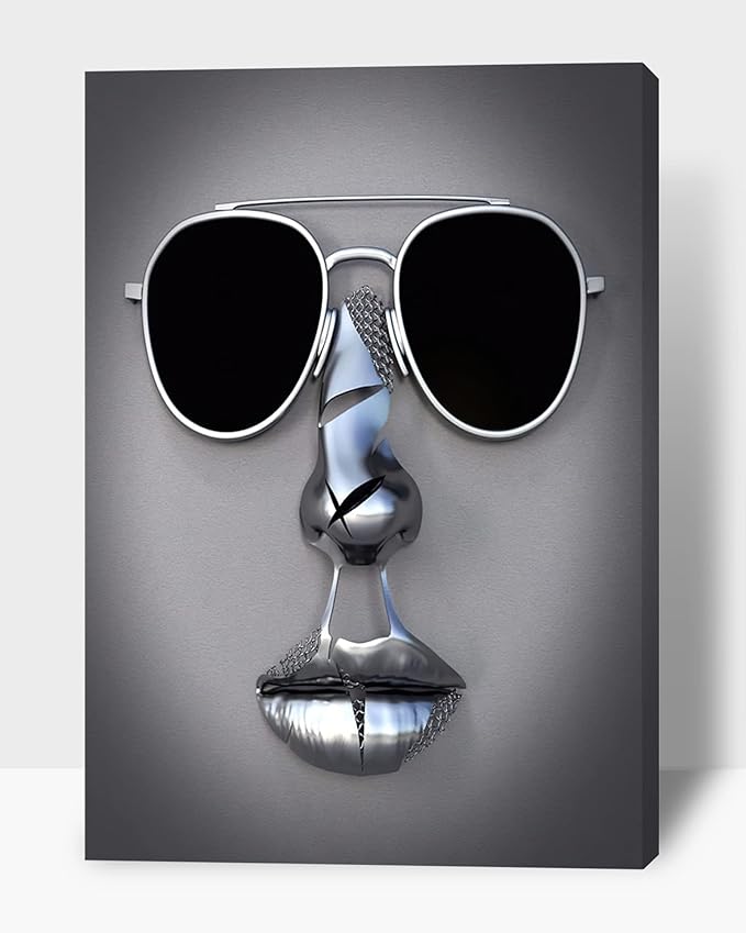 3D Metal Effect Wall Art - 3D Wall Art Decor Artwork Wear Sunglasses Siliver Figure Statue Modern Art Canvas Painting, Large Wall Art for Bedroom Dercor Framed 28”x40”x1Pcs