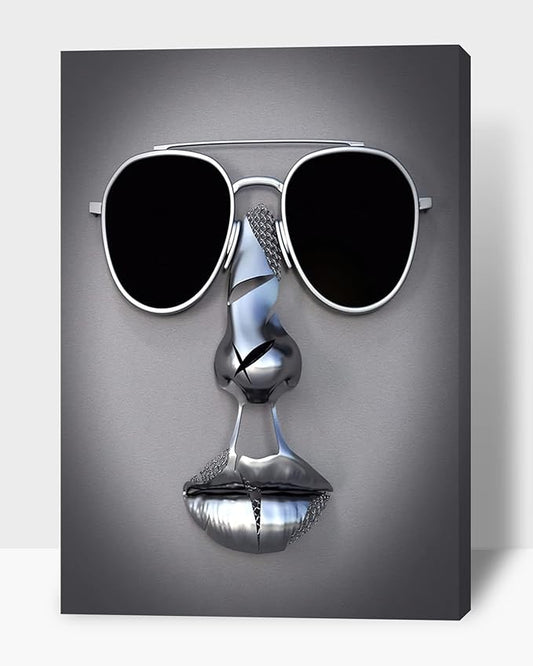 3D Metal Effect Wall Art - 3D Wall Art Decor Artwork Wear Sunglasses Siliver Figure Statue Modern Art Canvas Painting, Large Wall Art for Bedroom Dercor Framed 24”x36”x1Pcs