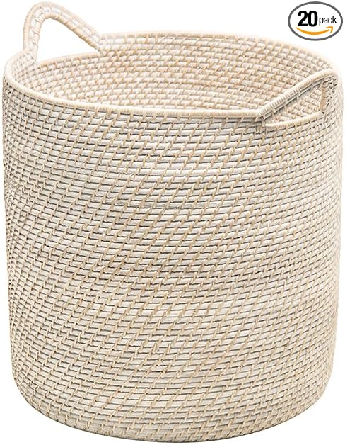 KOUBOO Laguna Round Rattan Storage Basket with Ear Handles, Wicker Blanket, Laundry Hamper, Indoor Plant Basket, Decorative Home Organizer, White Wash, Large