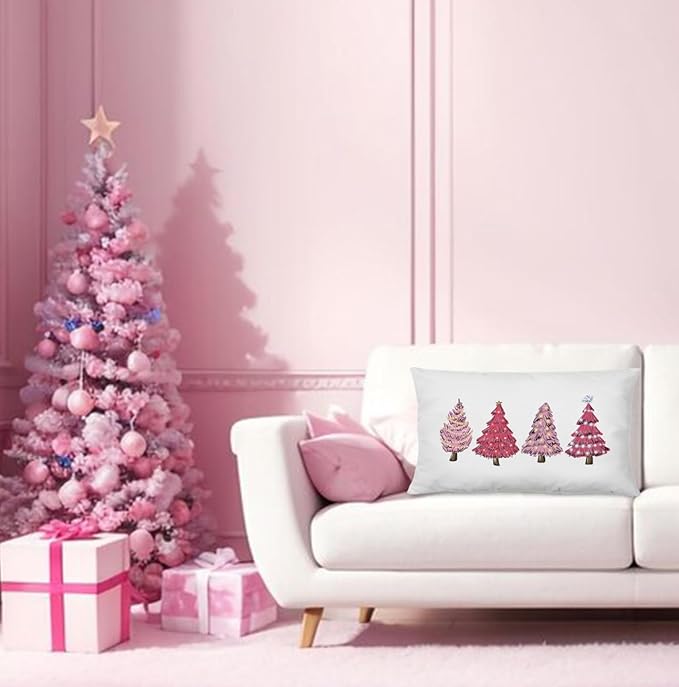 KEUSPI Pink Christmas Decor Pink Christmas Pillows Covers 12x20, Pink Christmas Decorations Christmas Pink Decor,Christmas Tree Pillow Covers,Pink Christmas Tree Decor for Christmas Bedroom Decor