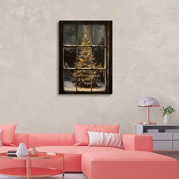Rustic Christmas Windows and Trees Wall Art Prints,Xmas Holiday Oil Painting,Nostalgic Christmas Tree Print,Moody Winter Farmhouse Decor