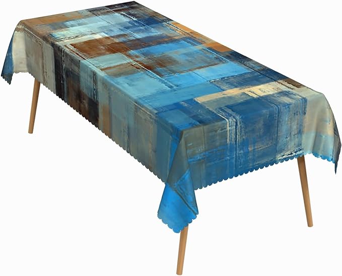 54x78 Inch Modern Abstract Art Rectangle Tablecloth Blue Brown Gradient Painting Geometric Color Block Grunge Table Cloth Waterproof Durable Table Cover for Kitchen Picnic Bedroom Home Party