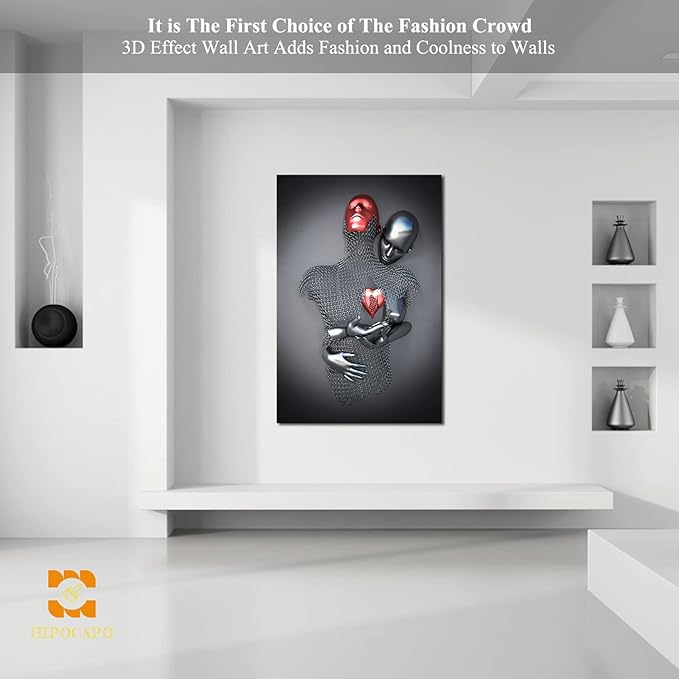3D Wall Art - Love Heart 3D Metal Canvas Art, Silver 3D Metal Canvas Art 3D Canvas Art Wall Decor for Modern Living Room, Framed Romantic Couple Living Room Canvas Wall Art 32”x48”x1Pcs