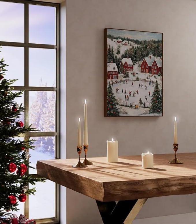 OZCONO Snowy Christmas Village Wall Art, Cozy Xmas Holiday Decor, Nordic Winter Town Scene with Ice Skating, Seasonal Home Artwork, Festive Scandinavian Cabin Accent (Unframed) (20x30)