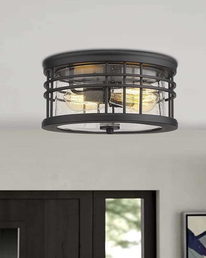 zeyu Flush Mount Ceiling Light, 2-Light Farmhouse Semi Ceiling Light Fixture for Kitchen Hallway 12 Inch, Black Finish with Seeded Glass, ZW01-F BK
