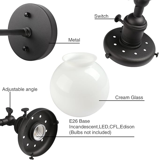 PERMO Vintage Industrial Wall Sconce Lighting Fixture with 5.9" Round Globe Milk White Glass Hand Blown Shade (Matte Black)