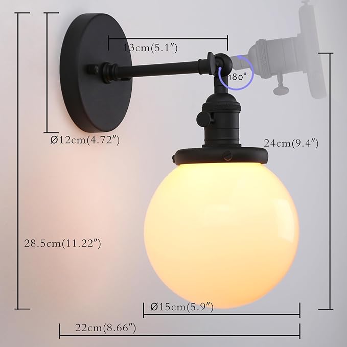 PERMO Vintage Industrial Wall Sconce Lighting Fixture with 5.9" Round Globe Milk White Glass Hand Blown Shade (Matte Black)