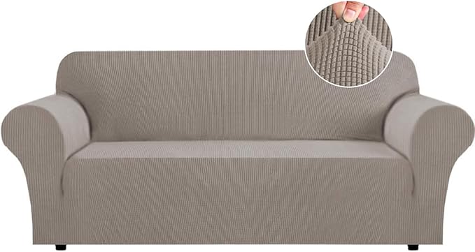 Flamingo P High Stretch Sofa Slipcover Non Slip Couch Cover for 3 Cushion Couch Washable Pet Furniture Protector Covers with Elastic Bottom, Thick Jacquard Fabric (Large, Taupe)