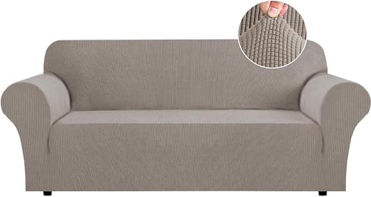 Flamingo P High Stretch Sofa Slipcover Non Slip Couch Cover for 3 Cushion Couch Washable Pet Furniture Protector Covers with Elastic Bottom, Thick Jacquard Fabric (Large, Taupe)