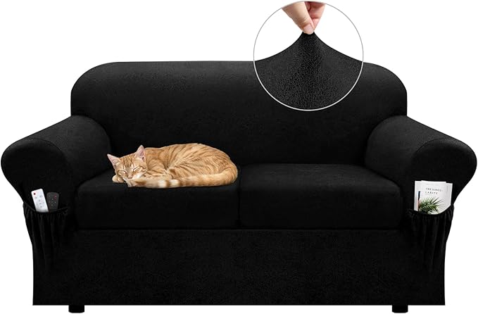 Loveseat Slipcover with Armrest Pockets 3-Piece Set, Stretch Faux Leather Love Seat Covers for 2-Cushion Couches(Fits 58-66") - Non-Slip, Machine Washable, Pet & Kid Friendly - Black