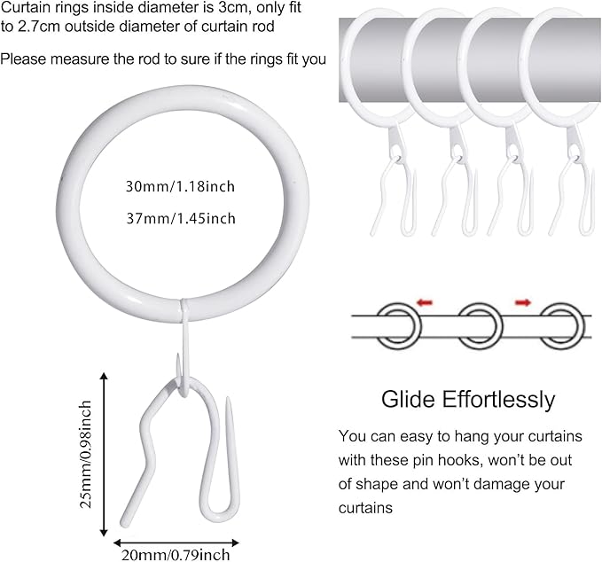 60 Pcs Metal Drapery Rings & Curtain Hooks, 30 mm Internal Diameter Hanging Rings for Curtains and Rods (White)