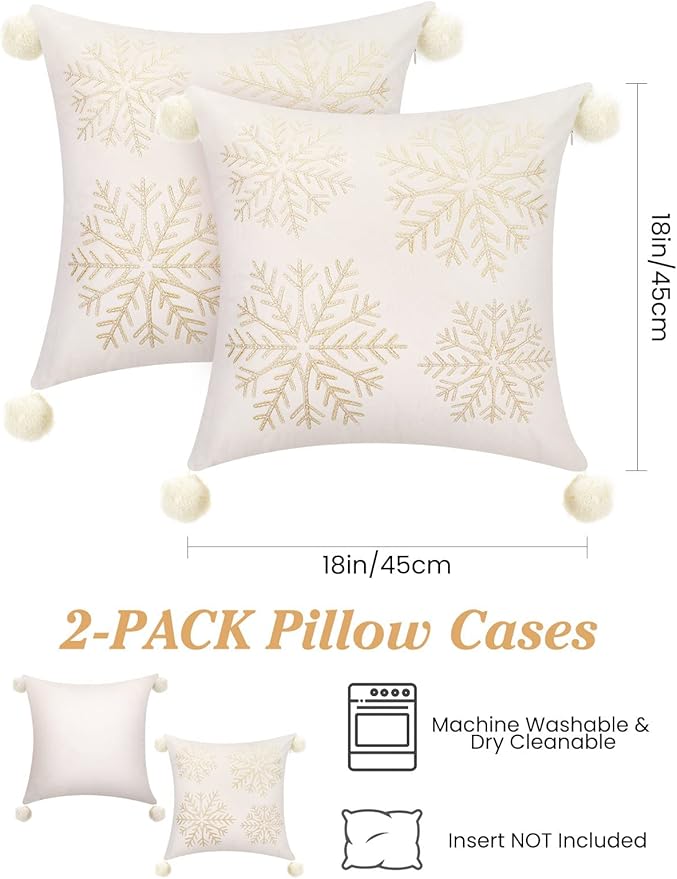 Lewondr Christmas Throw Pillow Covers, Snowflake Embroidery 18x18 Pillowcases Home Xmas Gold Decorative 2 Pack Cushion Covers Soft for Sofa Bed Chair, White&Yellow