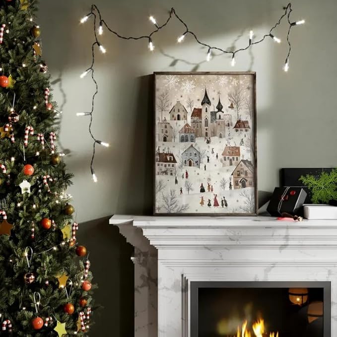 OZCONO Scandinavian Winter Village Art, Neutral Nordic Christmas Decor, Whimsical Holiday Home Accent, Cozy Seasonal Wall Artwork, Xmas Print, Snowy Noel Design (Unframed) (9x11)