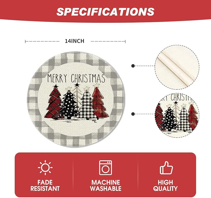 Artoid Mode Watercolor Grey Buffalo Plaid Christmas Trees Round Placemats Set of 4, 14 Inch Seasonal Winter Xmas Holiday Round Table Mats for Party Kitchen Dining Decoration