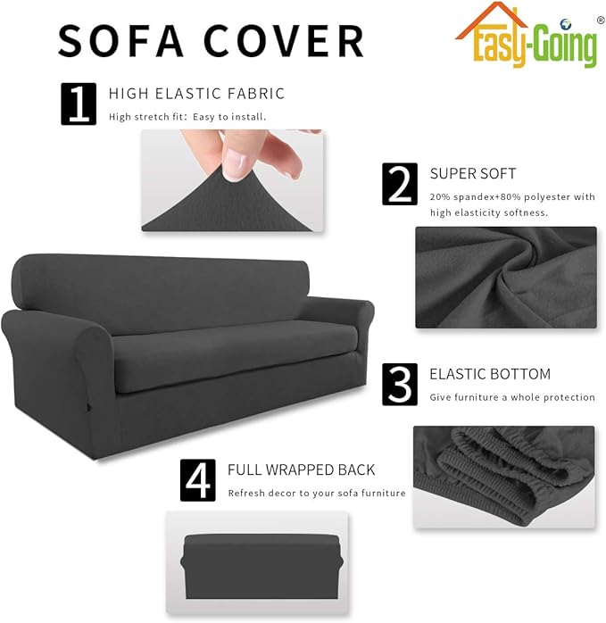 Easy-Going 2 Pieces Microfiber Stretch Sofa Slipcover – Spandex Soft Fitted Sofa Couch Cover, Washable Furniture Protector with Elastic Bottom Kids,Pet (Sofa, Dark Gray