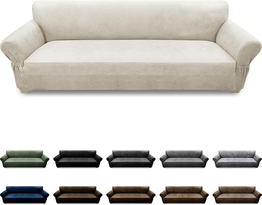 Oversized Sofa Slipcover Leather Look Couch Cover for 4 Seater Sofa 1-Piece Sofa Cover Stretch Furniture Protector with Elastic Bottom & Pockets(XL Sofa, Beige)