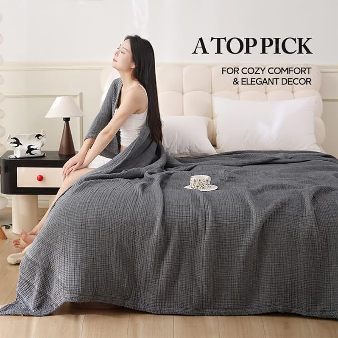 Boho Throw Blanket, 100% Cotton Ultra Soft Luxury Throw Rustic Quilt, Muslin Breathable Soft Bed Throw ，All Throw for Sofa Couch Chair 60×80 Inch (Grey Cotton Blanket 80x90 Inch, 80x90 Inch)