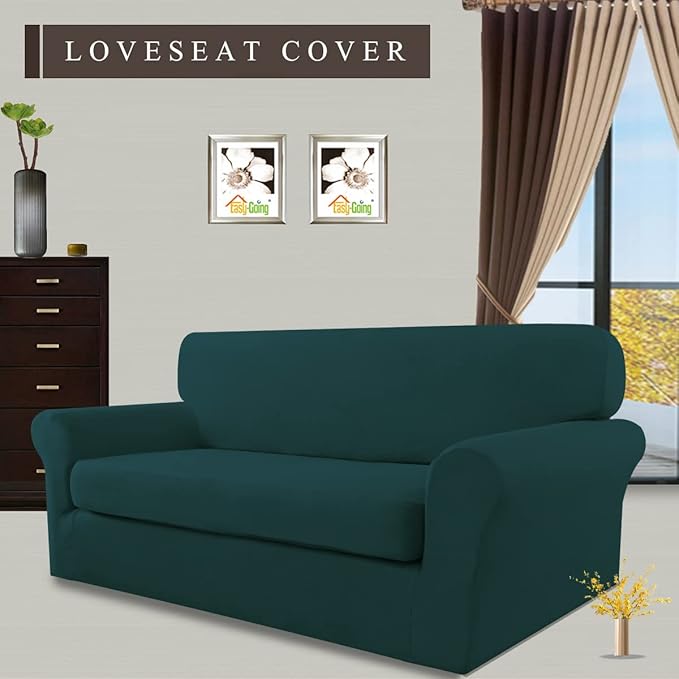 Easy-Going 2 Pieces Microfiber Stretch Sofa Slipcover – Spandex Soft Fitted Sofa Couch Cover, Washable Furniture Protector with Elastic Bottom Kids, Pet (Loveseat, Deep Teal)
