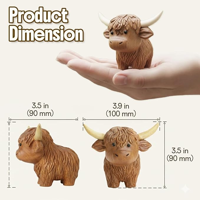 Hand Carved Wooden Highland Cow Figurine - Handmade Rustic Farmhouse Animal Decor, Solid Wood Miniature Sculpture, 3.5" Artisan Wooden Gift for Desk, Shelf, or Nursery