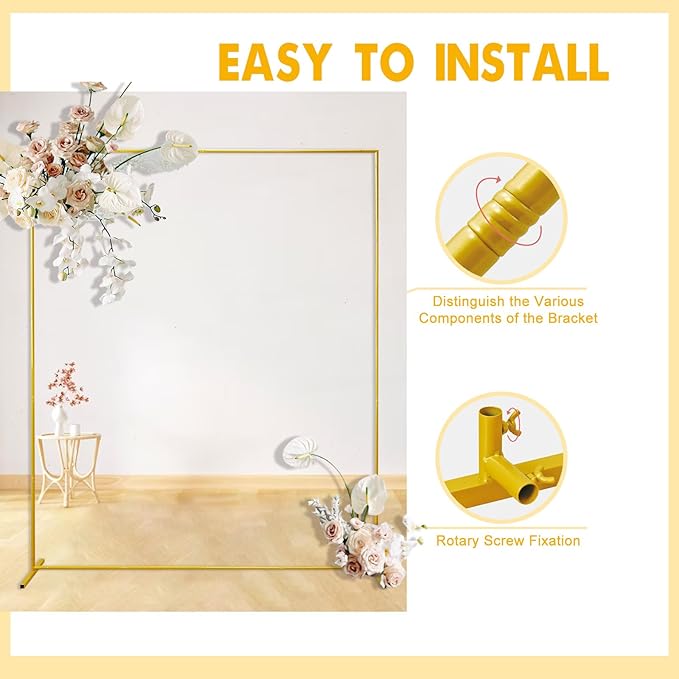 Gold Wedding Arch Backdrop Stand, 6.6FT*6.6FT Square Balloon and Flower Metal Aluminum Frame for Ceremony, Anniversary, Party, Baby Shower Photo Booth Decoration.