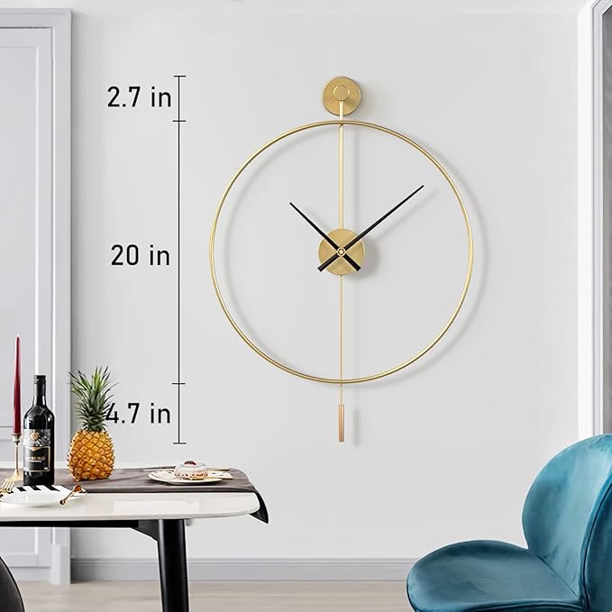 SHISEDECO Classical Large Modern Round Minimalist Wall Clock with Swing Pendulum, Non-Ticking Silent Metal Decorative Creative Art Clocks for Home, Living Room, Bedroom, Study, Office (20", Gold)