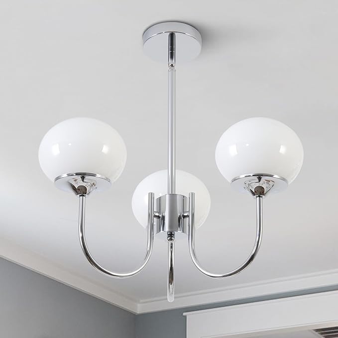 BOKT Modern Sputnik Chandelier 3 Light Glass Globes Silver Chandelier Light Fixture White and Chrome Pendant Lights Vintage Hanging Chandeliers for Kitchen Island Dining Room
