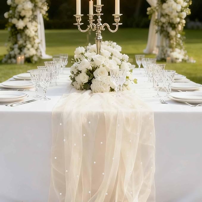WELTRXE Beige Pearl Table Runner 10ft, Boho Rustic Tulle Lace Table Runner 30x120 Inch for Wedding Decor Birthday Party Dining Table Cover, Champagne
