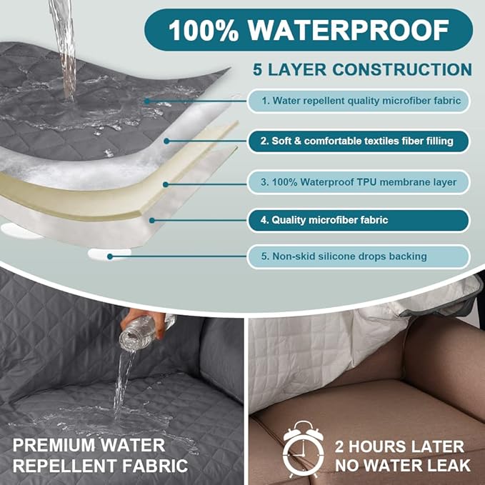 Turquoize 100% Waterproof Sofa Covers Chair Cover Armchair Couch Protector Triple Non-Slip Sofa Slipcover for 1 Cushion Armchair Furniture Protector for Pets, Kids,Dog (Chair 23", Gray)