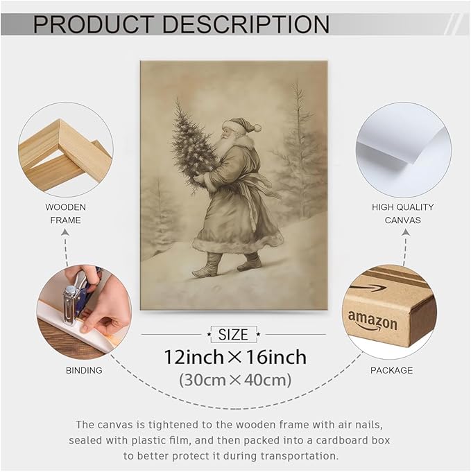 Santa Claus Sketch Poster Vintage Christmas Tree Wall Art 12x16 inch Framed Antique Winter Landscape Canvas Pictures Cozy Holiday Wall Decor