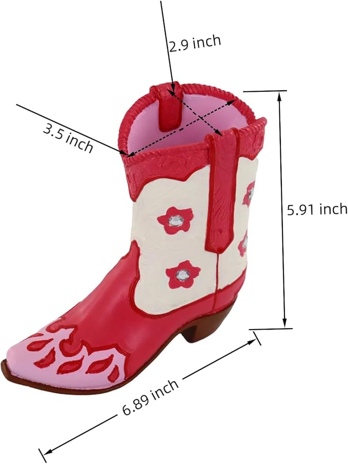 Western Cowboy Boot Resin Figurine – Pink & Cream Flowered Handicraft Personalized Gift Sculpture – Rustic Cowgirl Boot Home Decor Accent – 6.89” Vintage Western Tabletop Ornament