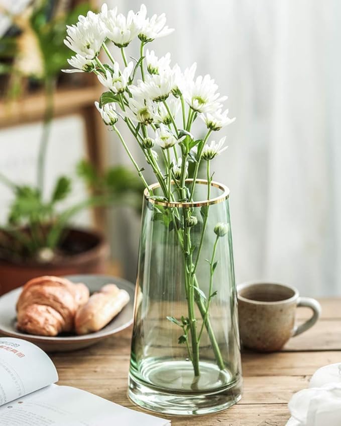 Green Glass Flower Vase with Gold Mouth for Centerpieces Home Wedding Decoration (1, Small)