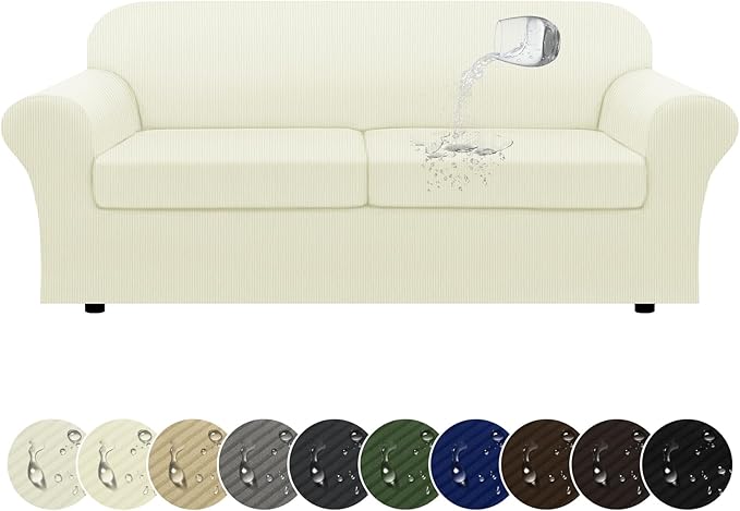100% WaterproofCouch Cover 3-Piece Set Striped Sofa Slipcovers for 2 Cushion Couch Sofa Covers with TPU Leakproof Bottom Stretch Couch Protector Pet Proof - Sofa(2-Cushion), Ivory