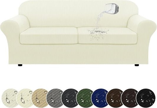 100% WaterproofCouch Cover 3-Piece Set Striped Sofa Slipcovers for 2 Cushion Couch Sofa Covers with TPU Leakproof Bottom Stretch Couch Protector Pet Proof - Sofa(2-Cushion), Ivory