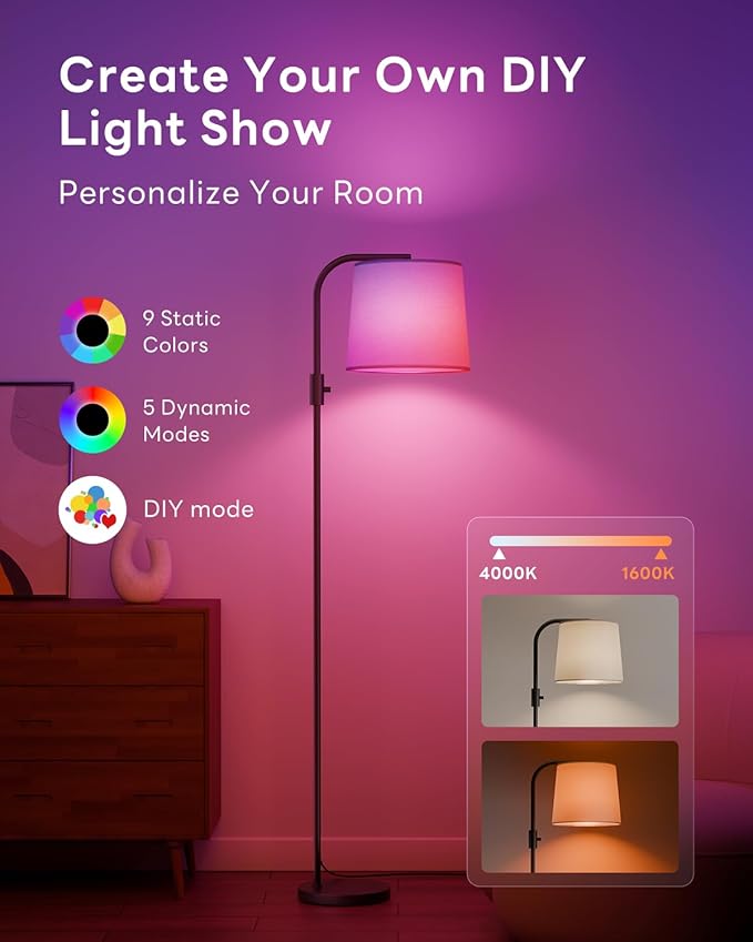 Dimmable Arc Floor Lamp, 1200 Lumens RGBCW Color Change Bulb Included, Standing Lamp with Linen Shade, 65" Tall Lamp with Remote for Living Room, Bedroom, Office, Dining Room, Kitchen, Black