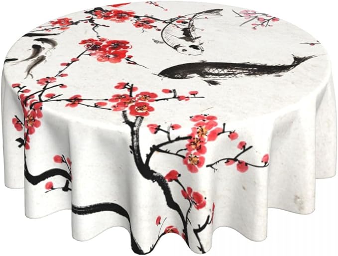 Cherry Blossom Tablecloth, Traditioanal Chinese Oriental Koi Vintage Asian Style Water Resisitant Wipeable Table Cover for Dining Kitchen Living Room Home Party Holiday Decor 60 inch Round