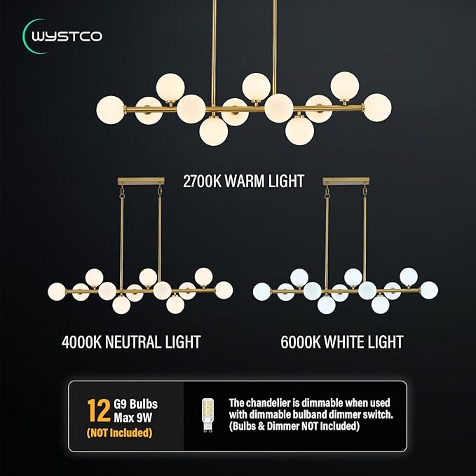 50" Long Modern Sputnik Globe Chandelier, Large 12-Light Mid Century Light Fixture Over Table, Brass Gold Linear Chandeliers for Dining Room and Kitchen Island (Milk White Glass Bubble Shades)