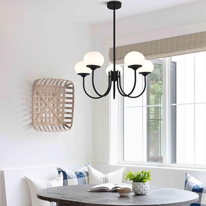 BOKT 5 Lights Mid Century Chandelier Light Fixture Black Sputnik Pendant Lights Milk Glass Globe Chandelier Adjustable Modern Farmhouse Dining Room Sputnik Kitchen Island Lighting BPL01-BK-5