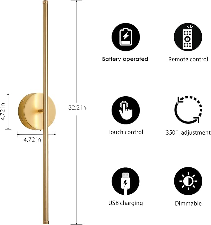 Battery Operated Wall Sconces, Dimmable Wall Sconces Set of Two, 350°Rotate, 3000K LED Gold Wireless Wall Light for Living Room, Bedroom, Hallway, 32.2 Inch (2 Pack)